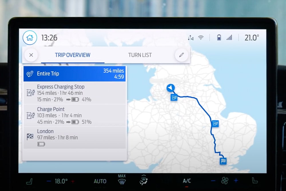 Navigation screen in a Ford Transit Custom showing a trip overview.