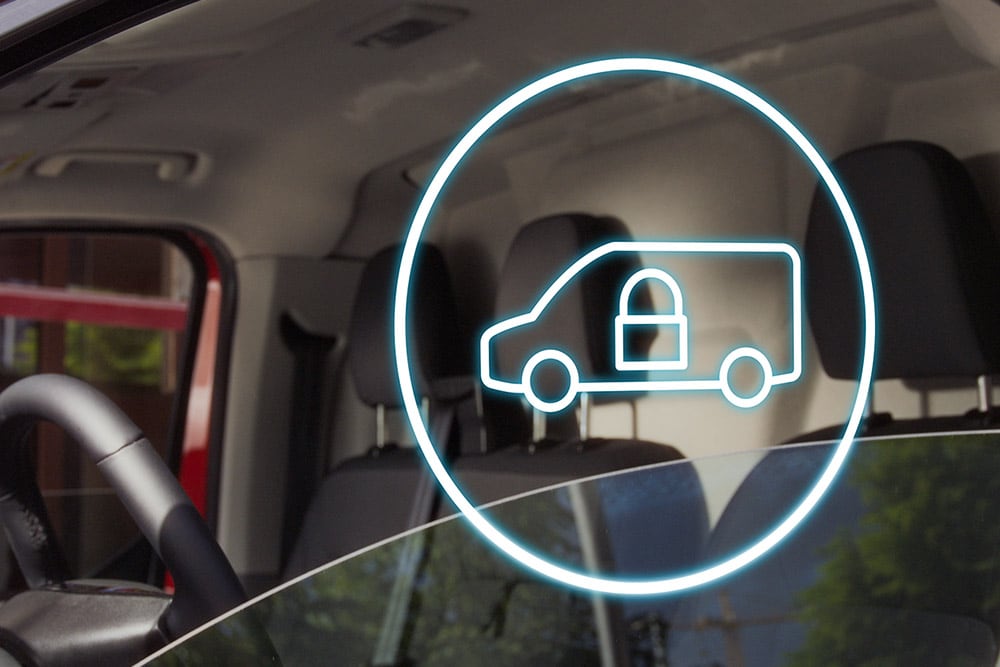 Locked van icon displayed on a Ford Transit Custom's windshield.