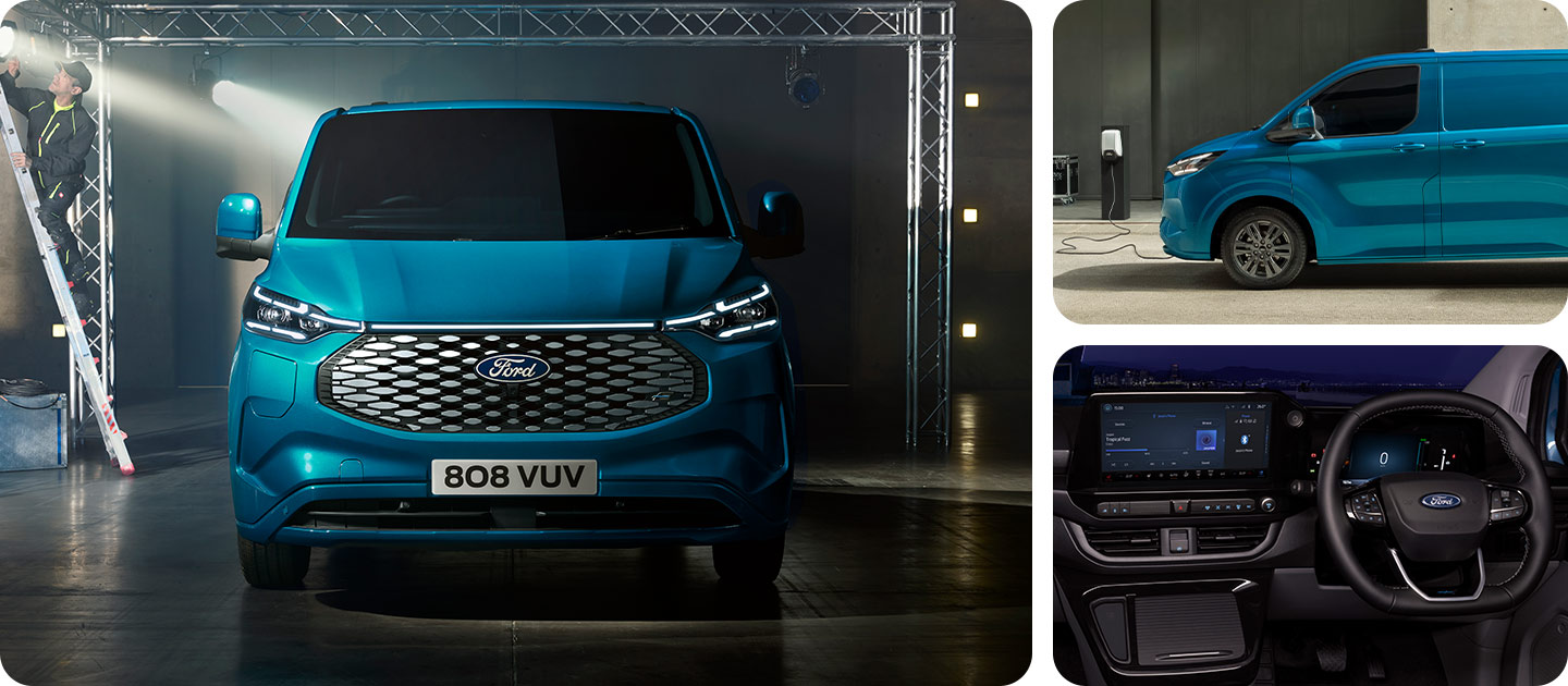 Blue Ford E-Transit Custom van, front view.