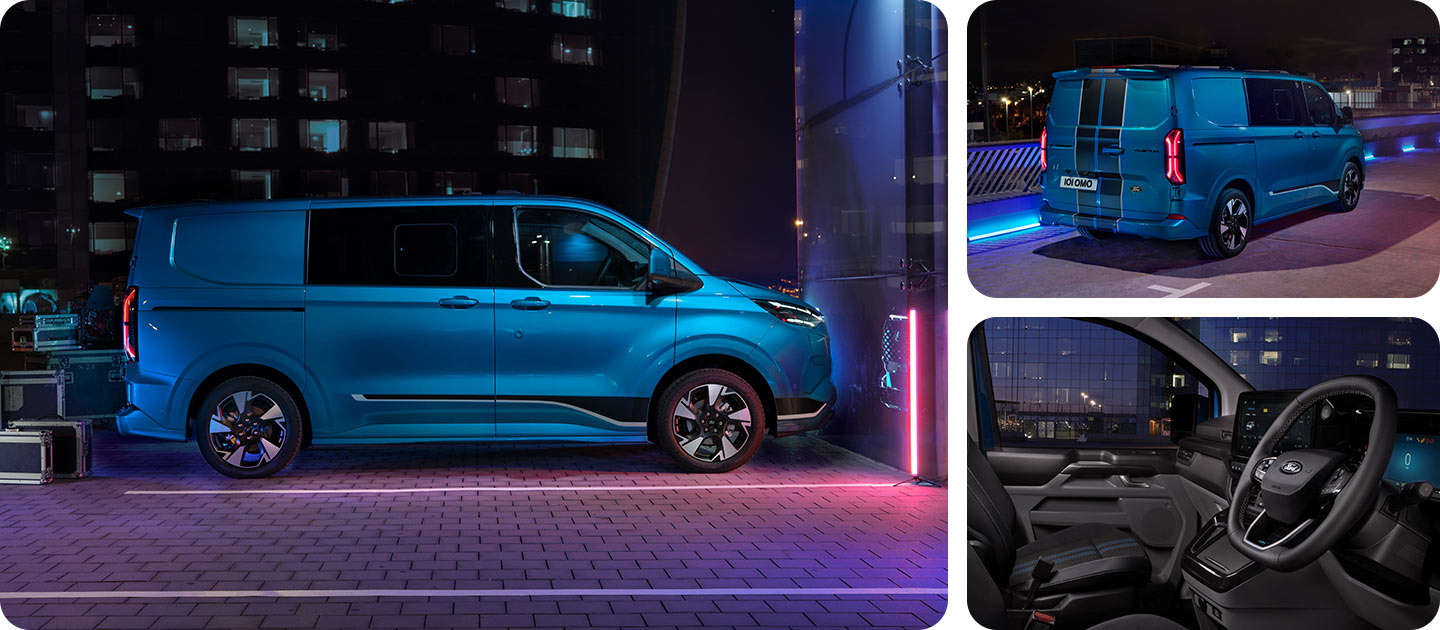 Blue electric Ford E-Transit Custom Double Cab-in Van, side view at night.