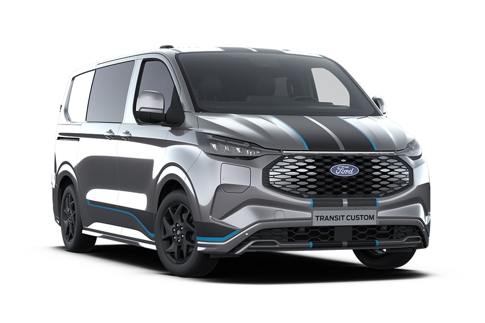 Dark gray Ford E-Transit Custom Sport double cab-in-van, front view.