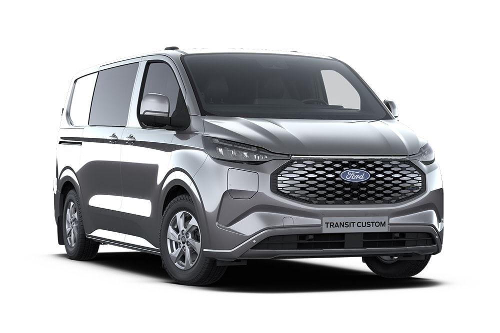 Dark gray Ford Transit Custom Limited multi-cab, front view.