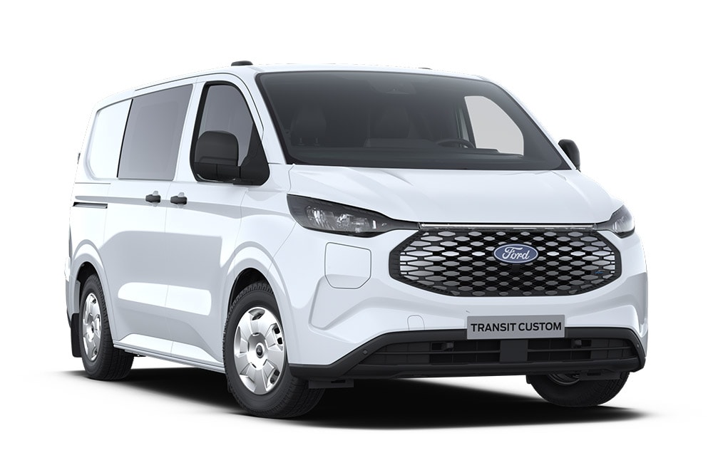 White Ford E-Transit Custom electric multi-cab van, angled front view.