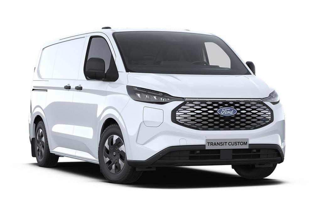 White Ford E-Transit Custom electric van, front view.