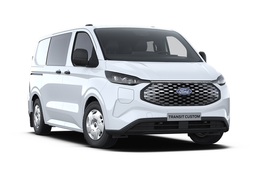 White Ford E-Transit Custom electric double cab-in-van, angled front view.