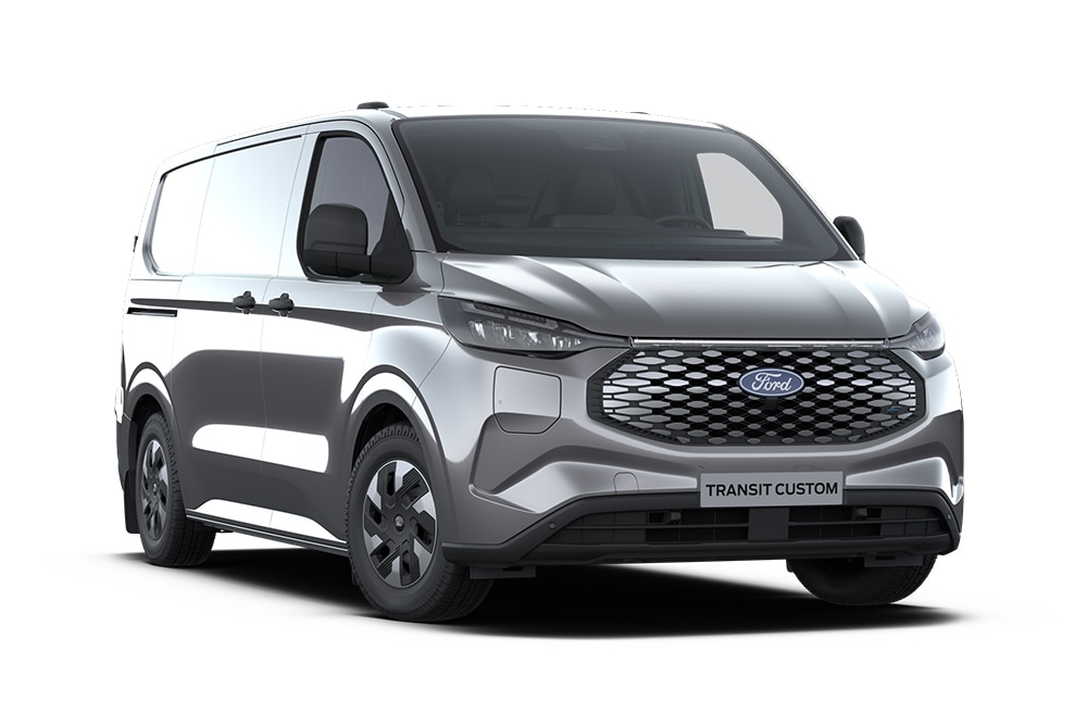 Dark gray Ford E-Transit Custom Trend van, front view.