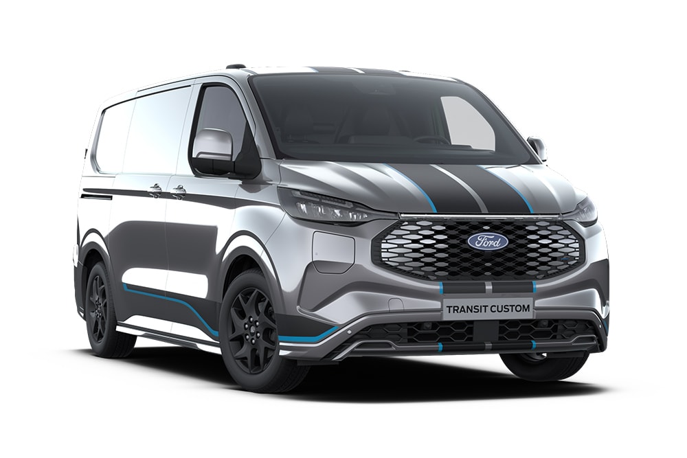 Dark gray Ford E-Transit Custom Sport van, front view.