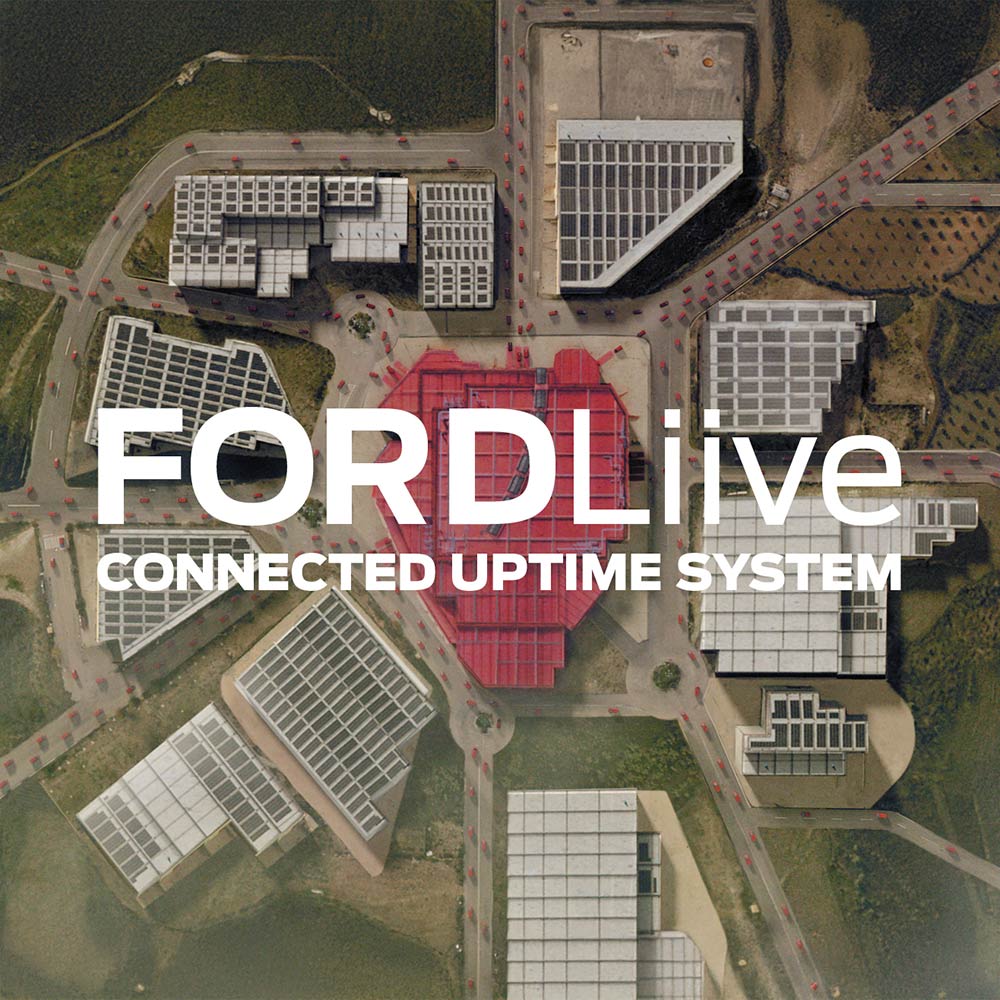 Aerial view of a facility with the FordLiive logo.