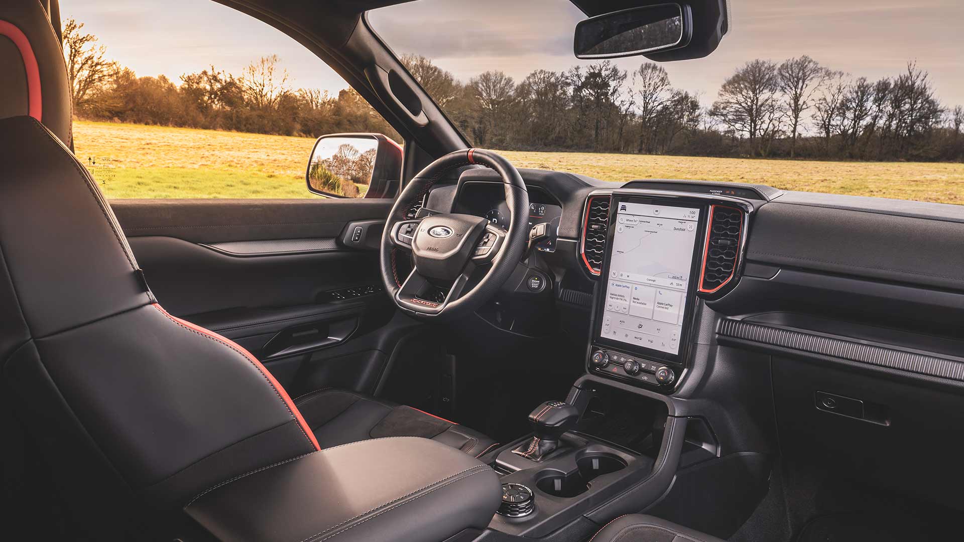 Ford Ranger Raptor interior with 12-inch touchscreen.