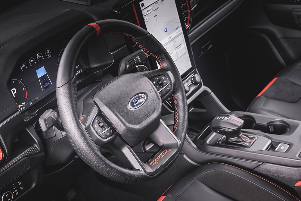 Ford Ranger Raptor steering wheel and dashboard.