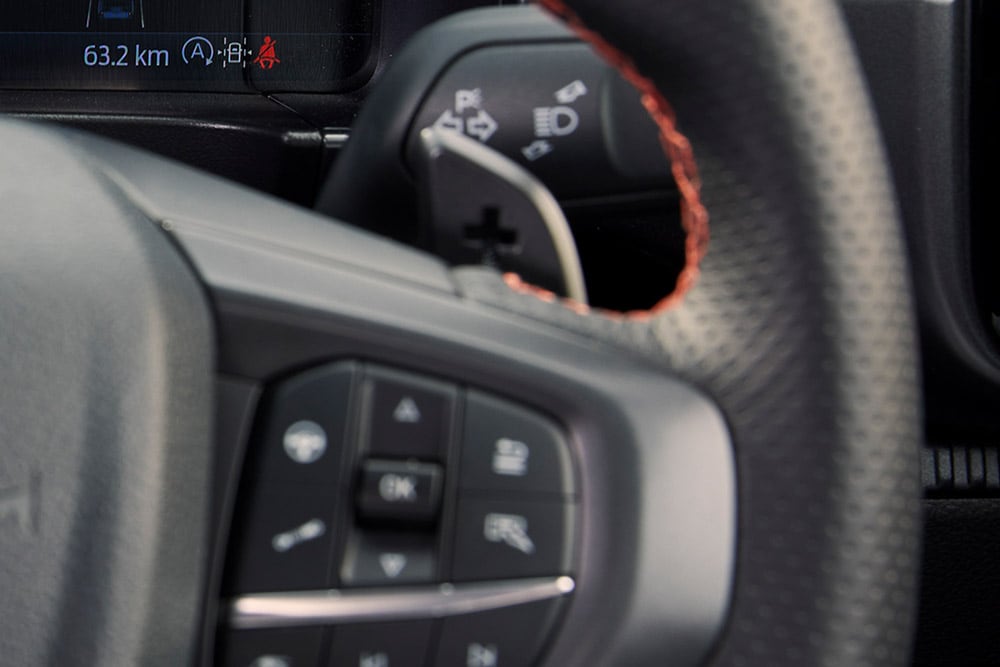 Ford Ranger Raptor steering wheel with paddle shifters.