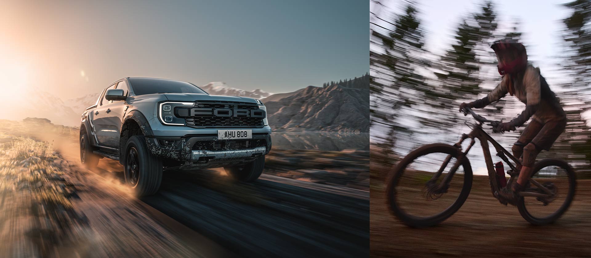 Blue Ranger Raptor driving through a rugged mountain landscape next to a cyclist in a forest.