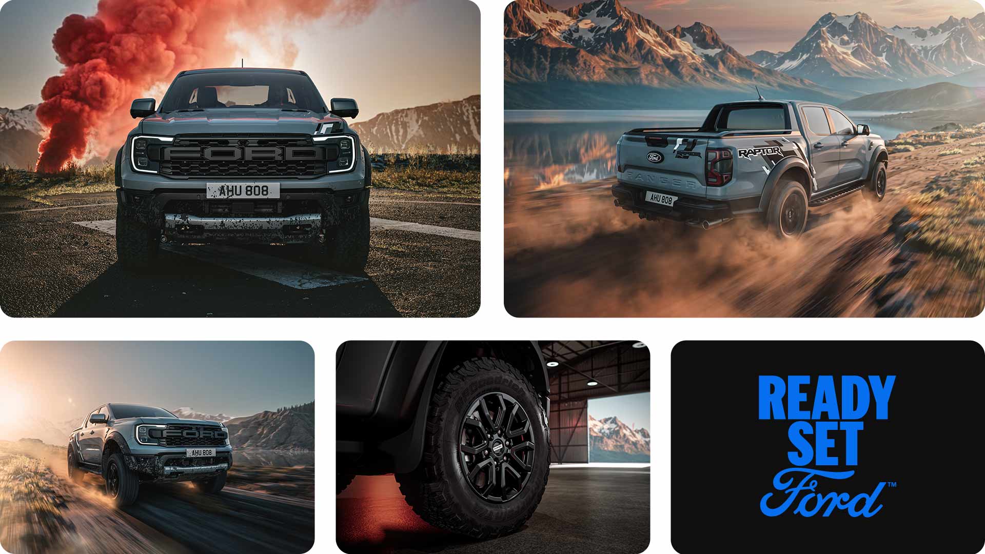 Collage of a blue Ranger Raptor driving through various dramatic landscapes, and a close up of a Ranger Raptor wheel.