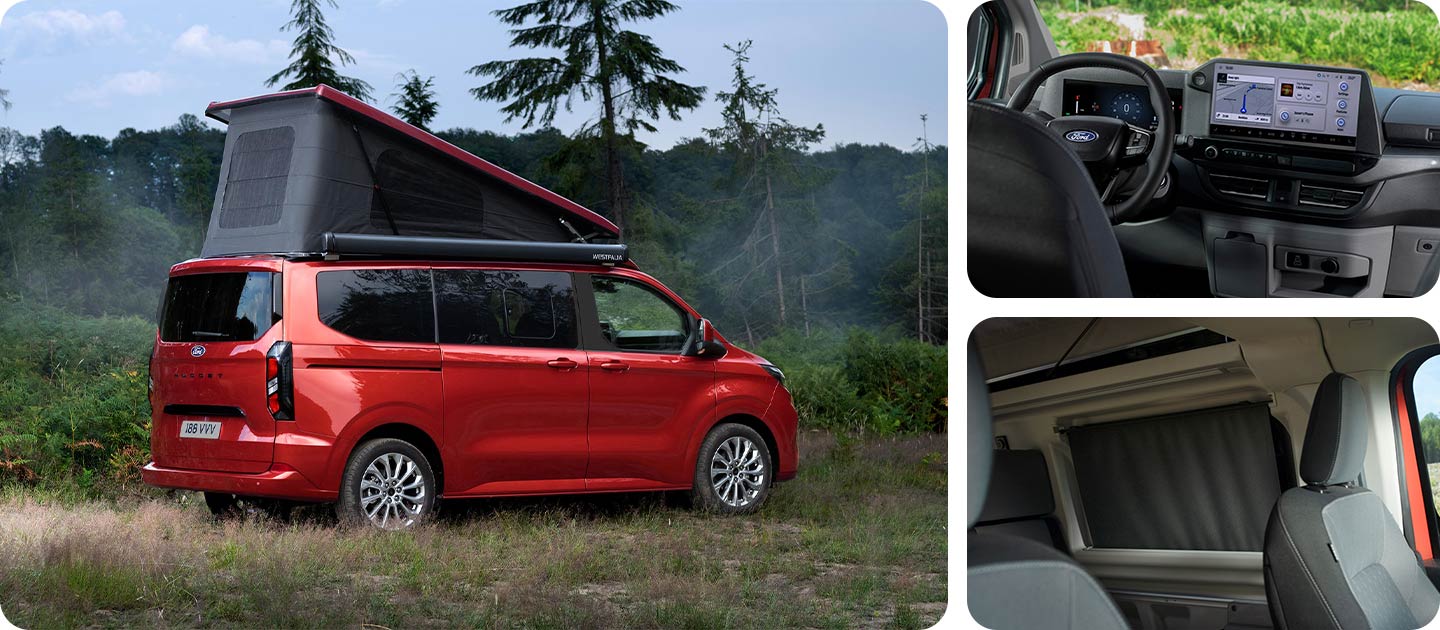 Red Ford Transit Custom Nugget with self-folding fabric tilt roof up parked in a grassy field.