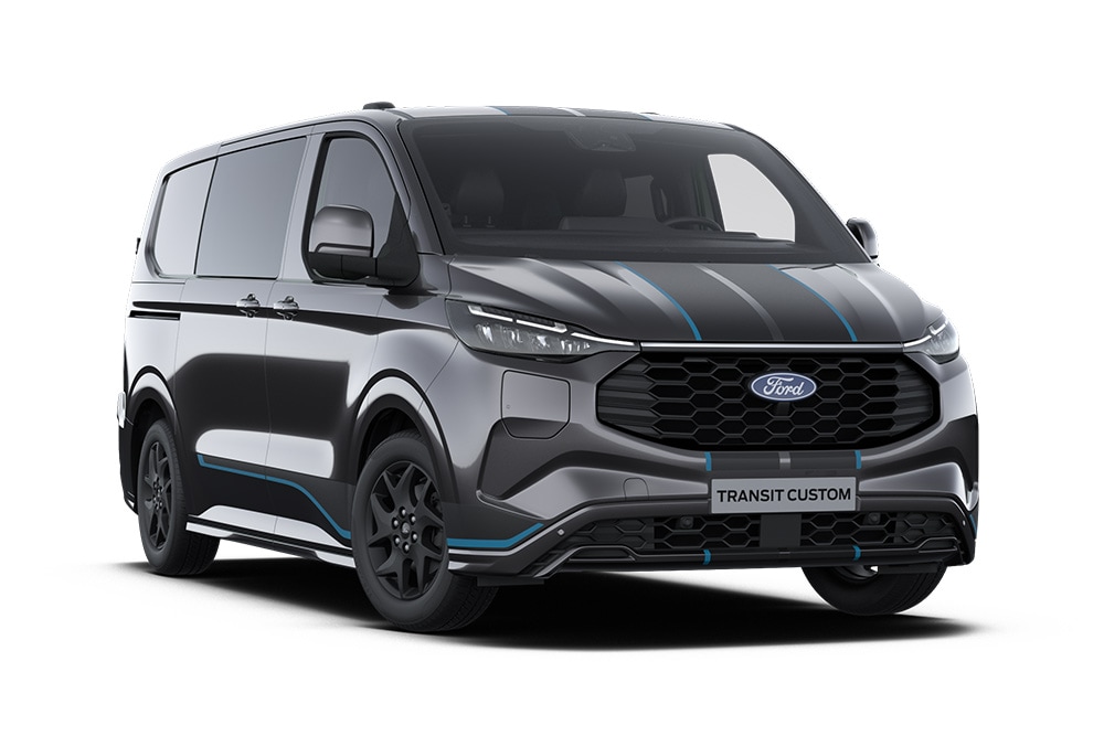 Front left angle of a dark grey  Sport Ford Transit Custom Double Cab-in-Van with blue accents and black bumper stripe, on a white background.