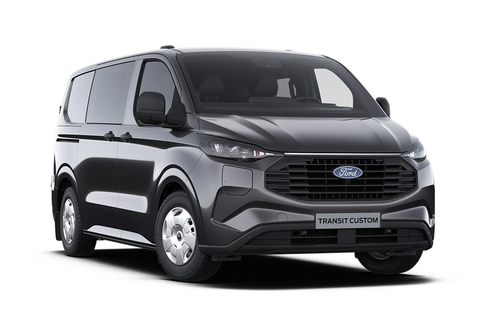 Front left angle of a dark grey Trend Ford Transit Custom Double Cab-in-Van on a white background