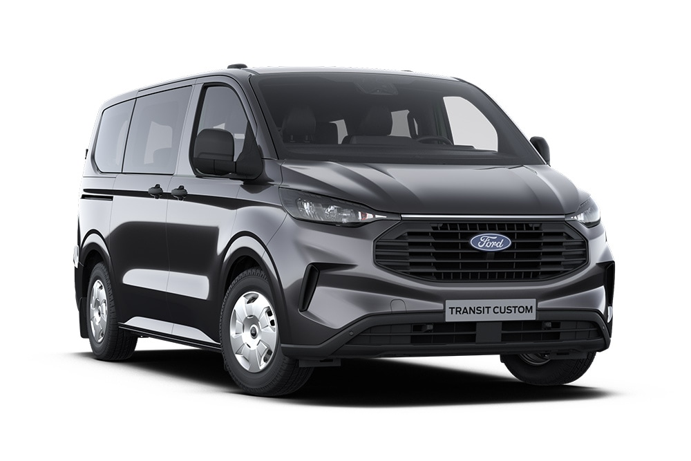 Front left angle of a dark grey Ford Transit Custom Kombi Trend on a white background.