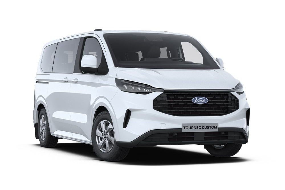 Front left angle of a white Ford Tourneo Custom Trend.​