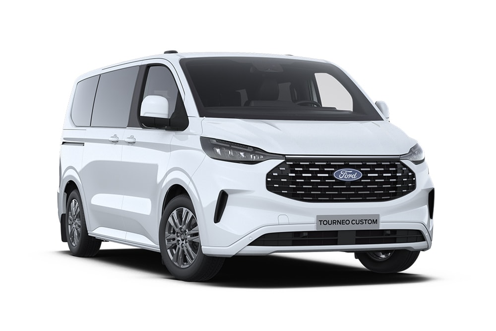 Front left angle of a white Ford Tourneo Custom Titanium.​