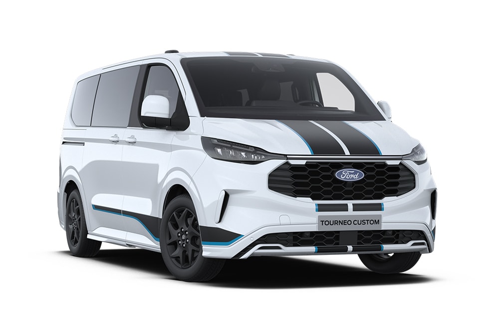 Front left angle of a white Ford Tourneo Custom Sport.​