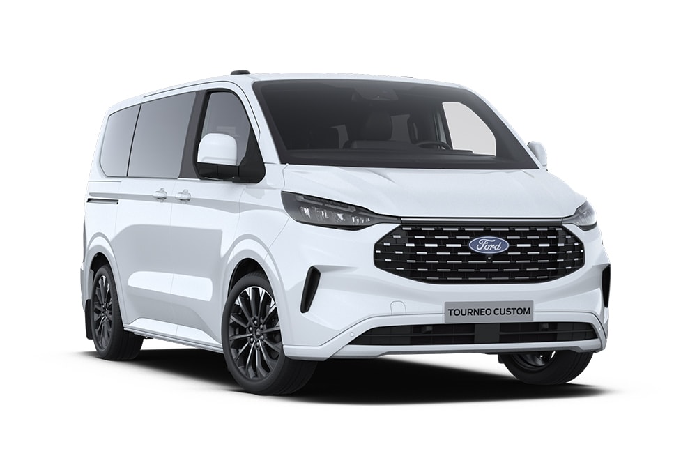 Front left angle of a white Ford Tourneo Custom Titanium X.​