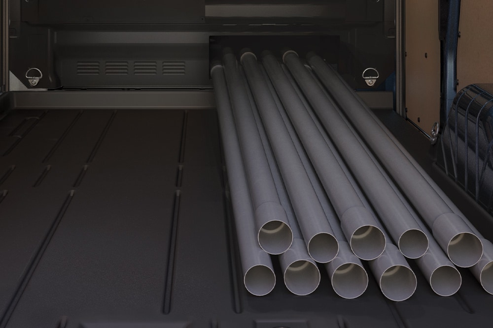 Pipes loaded inside a Ford Transit Custom van.
