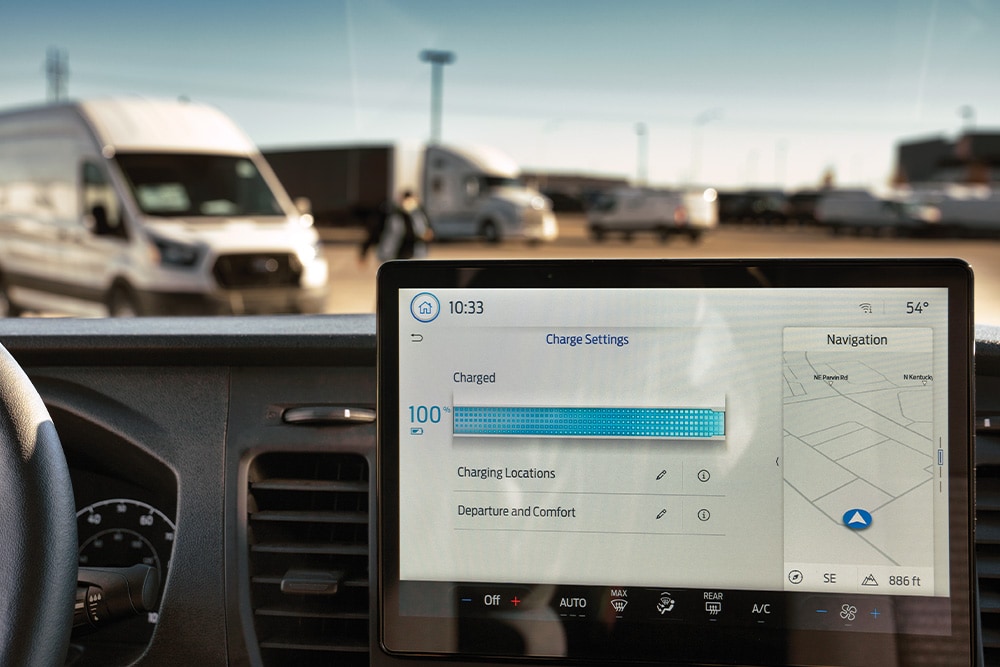 Ford Transit Custom dashboard displaying charging information.