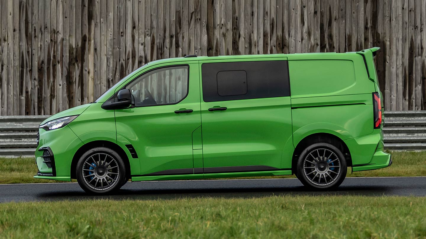 Side view of a green Ford Transit Custom MS-RT.