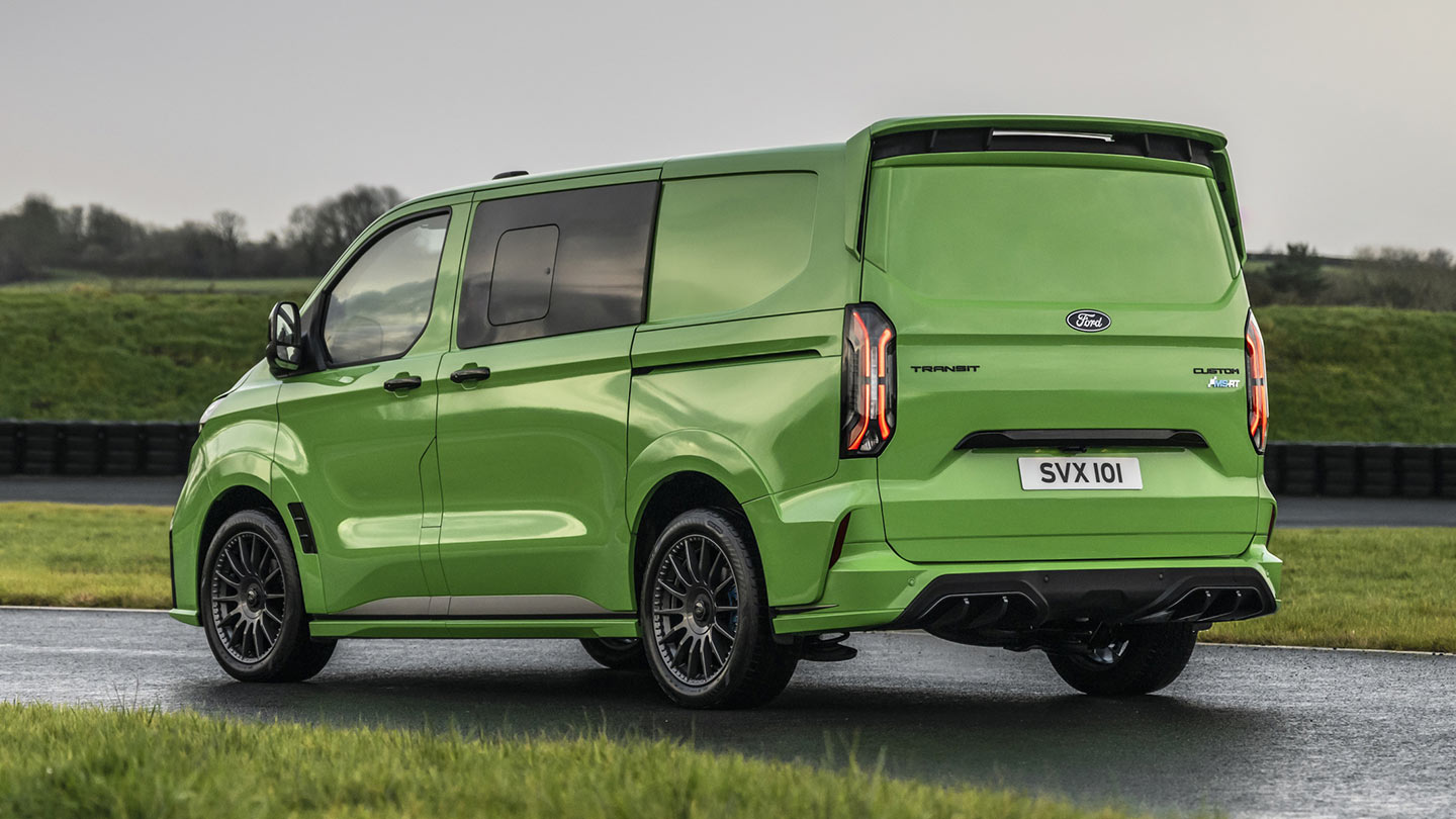 Rear view of a green Ford Transit Custom MS-RT.