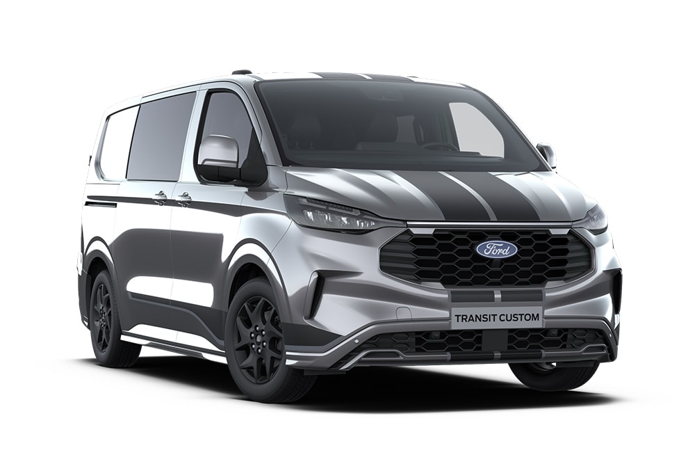 Dark grey Sport Ford Transit Custom van with blue accents.