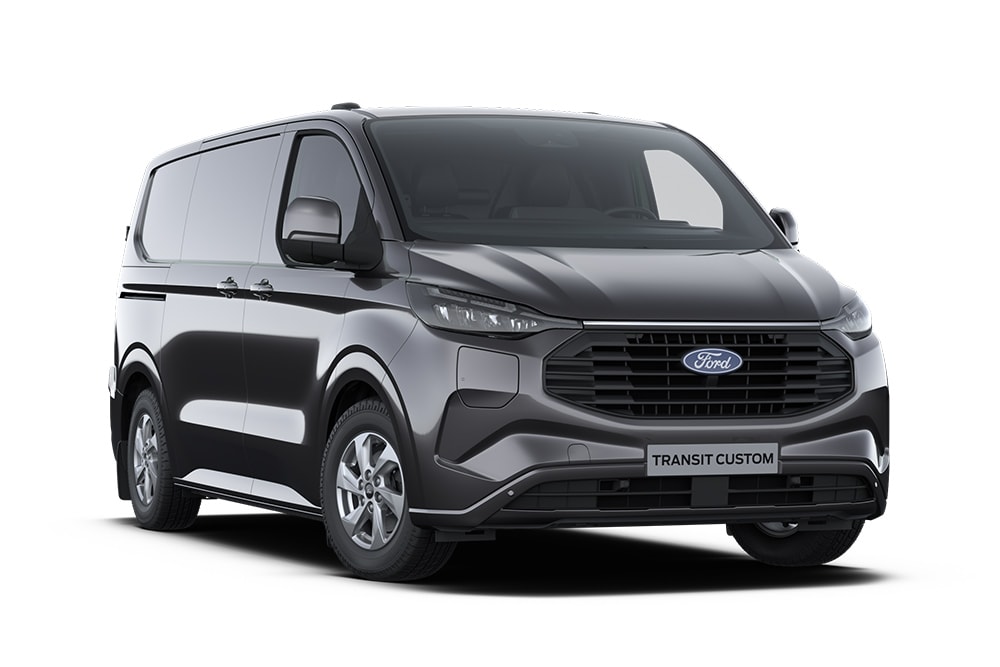 Front left angle of a dark grey Ford Transit Custom PHEV Limited on a white background.