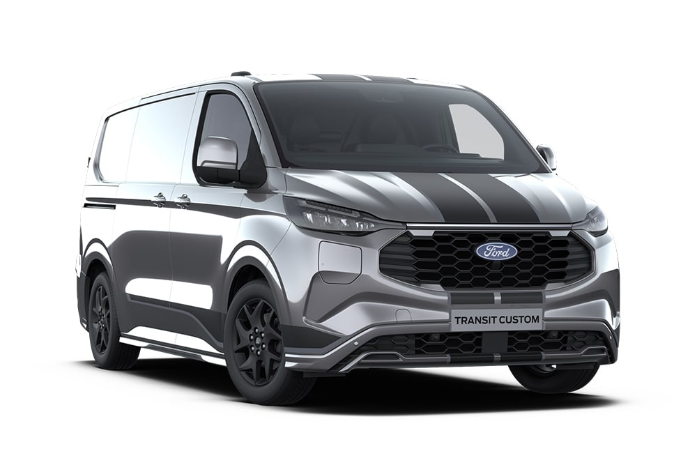 Dark grey Sport Ford Transit Custom van with blue accents.