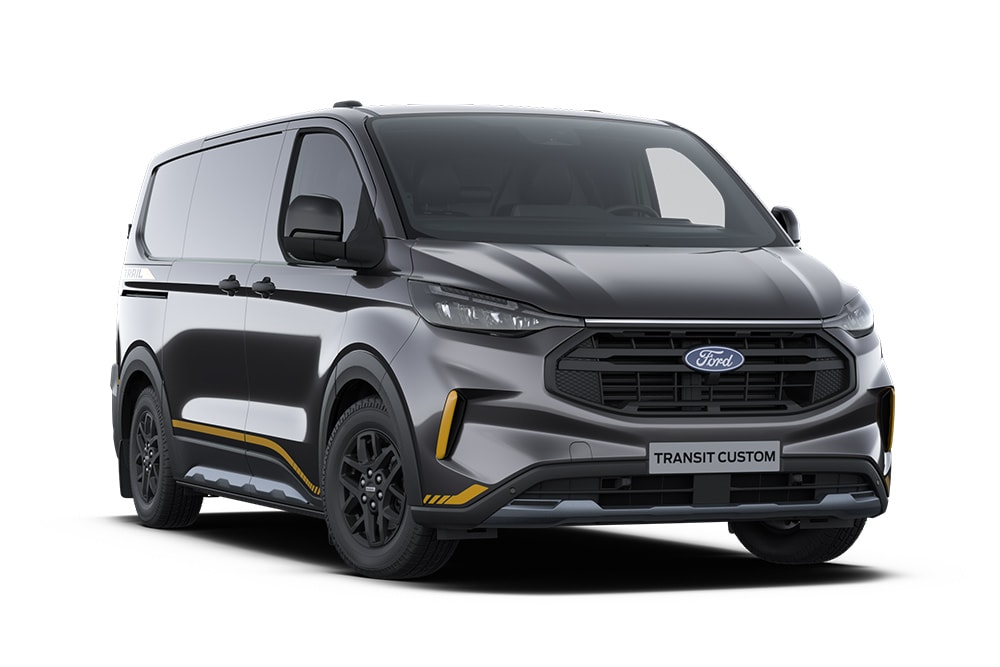 Dark grey Trail Ford Transit Custom van with gold accents.
