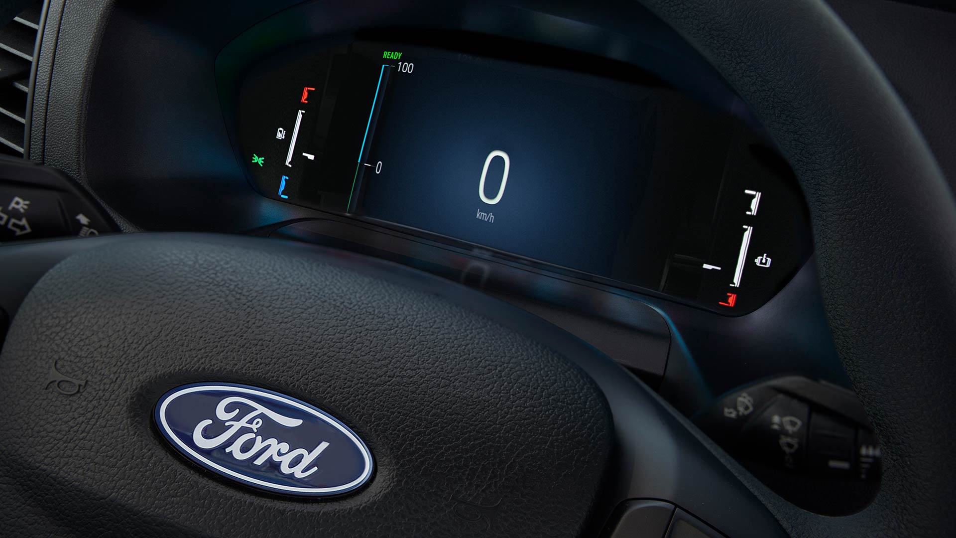 Close-up of a Ford E-Transit's digital dashboard, showing the speedometer.