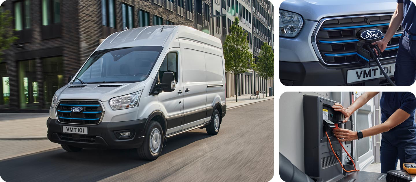 Silver Ford E-Transit electric van driving on a city street.