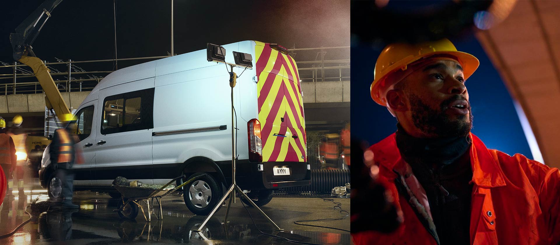 Customised E-Transit van parked on a busy building site at night next to a close up of a construction worker.