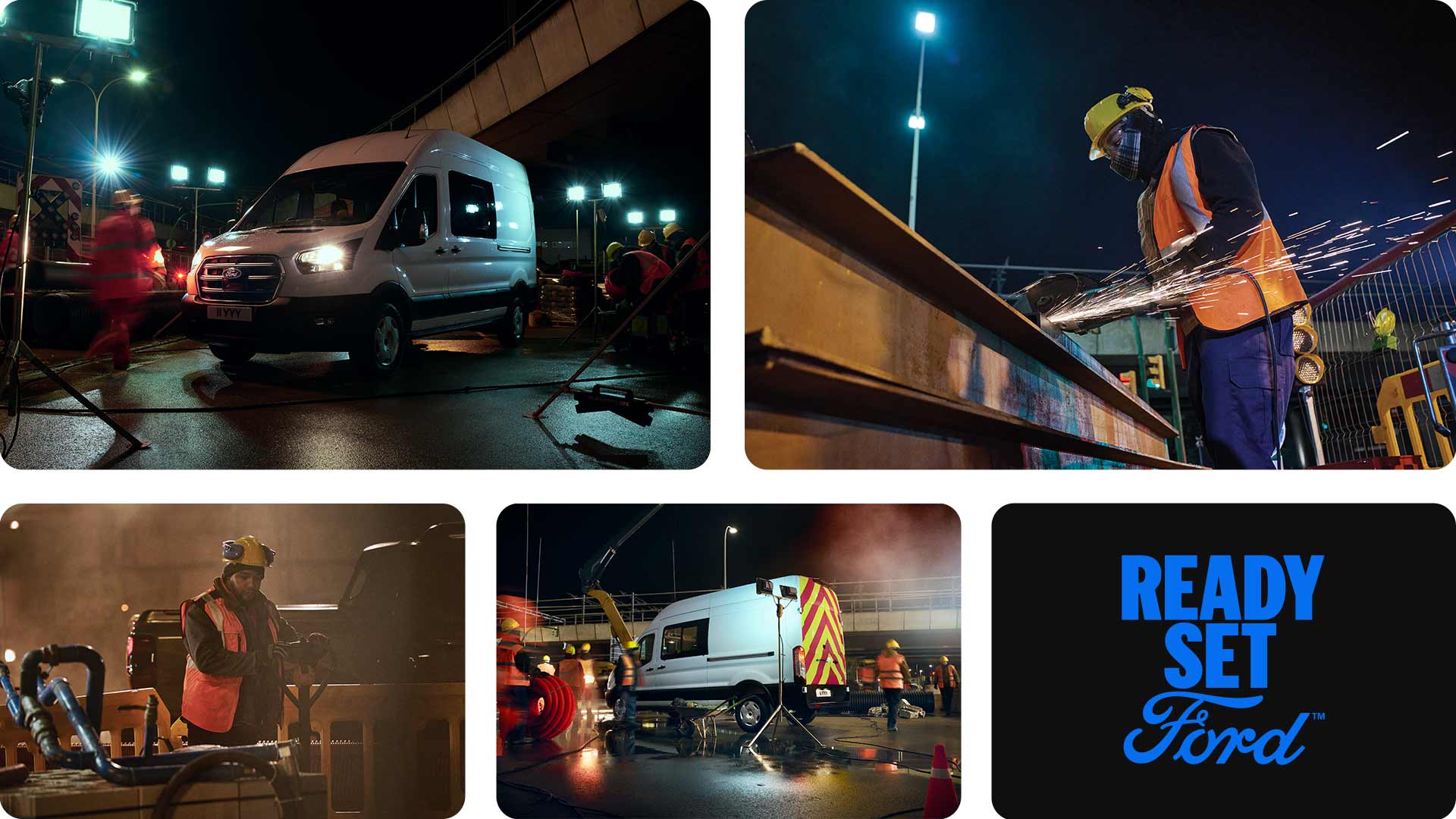 Collage showing a customised Ford E-Transit van from multiple angles with a construction worker nearby.
