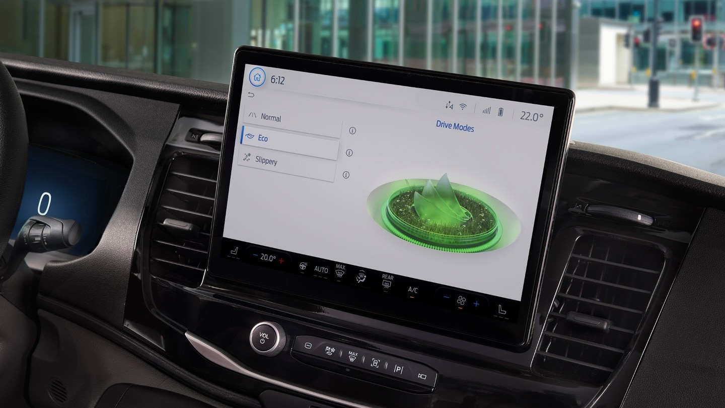 Ford E-Transit SYNC4 screen displaying eco mode