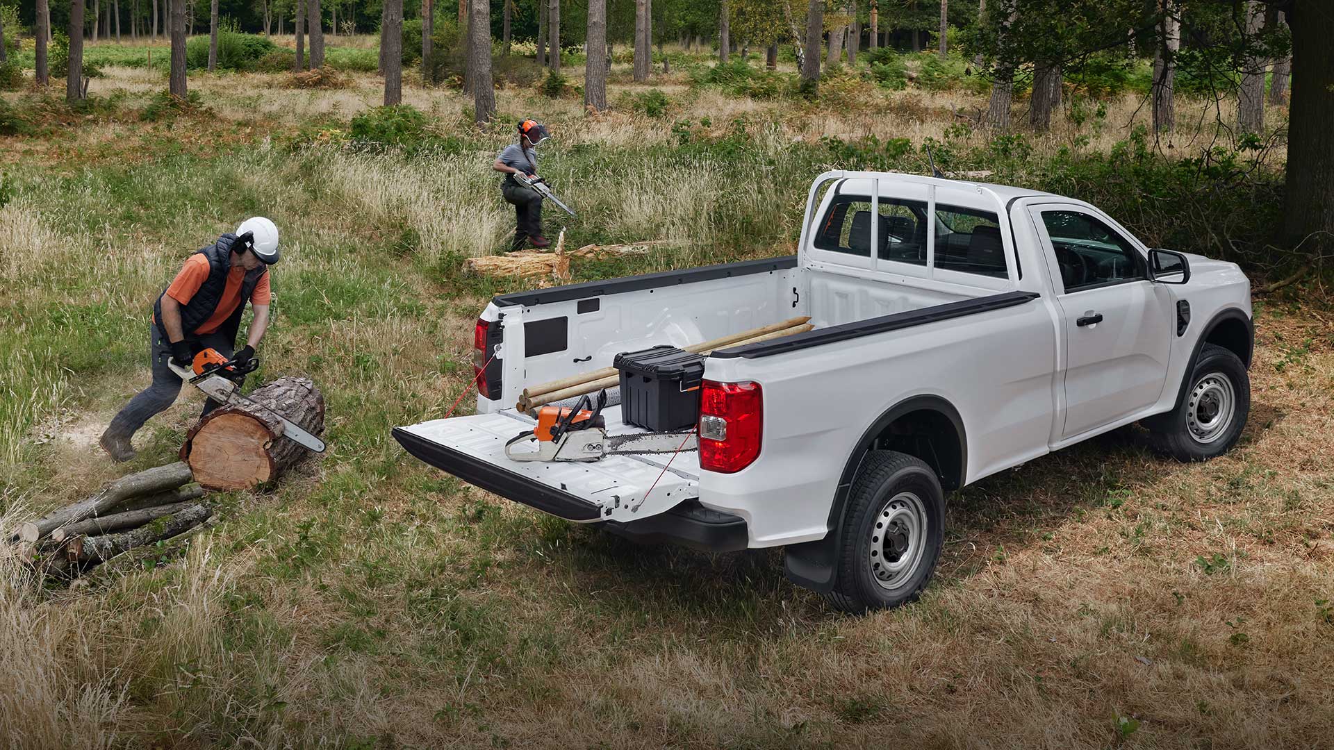 White Ford Ranger Regular Cab parked on grass with tailgate down. Person chainsawing logs nearby.