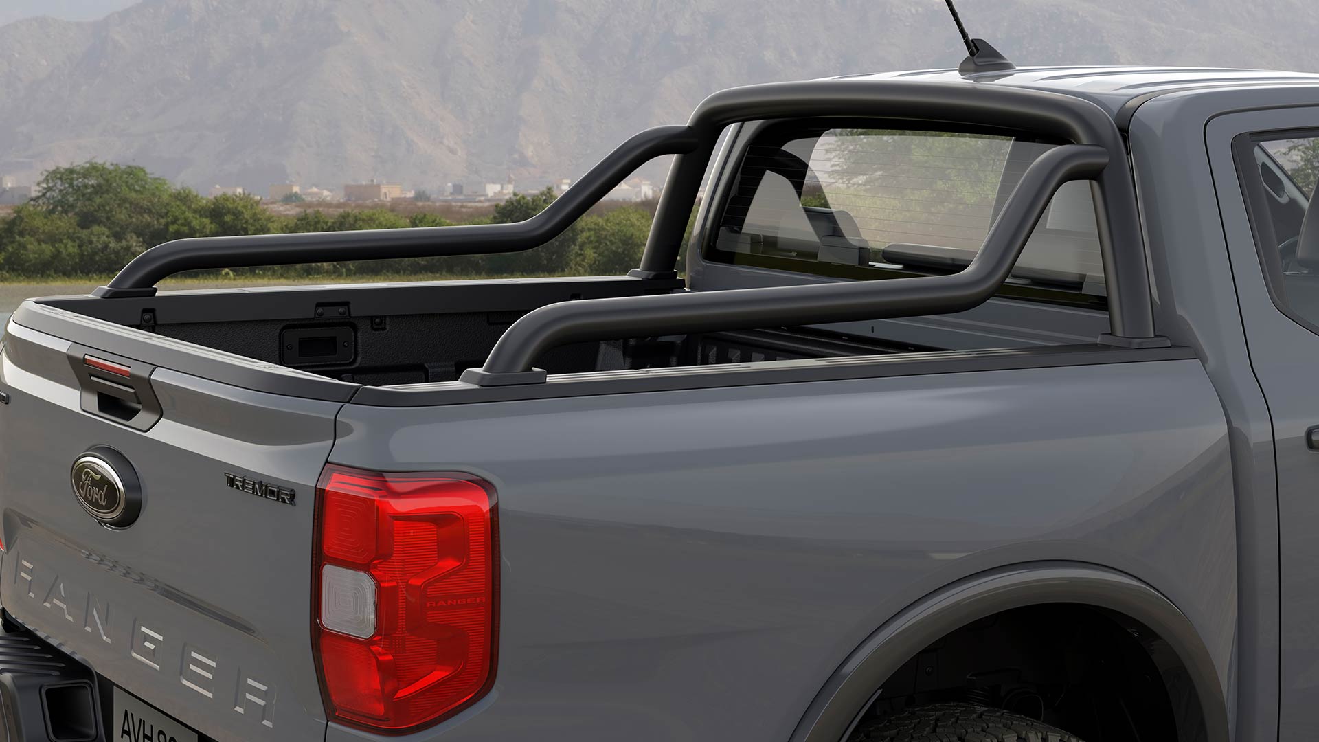 Rear of a grey Ford Ranger Double Cab with sports bars.