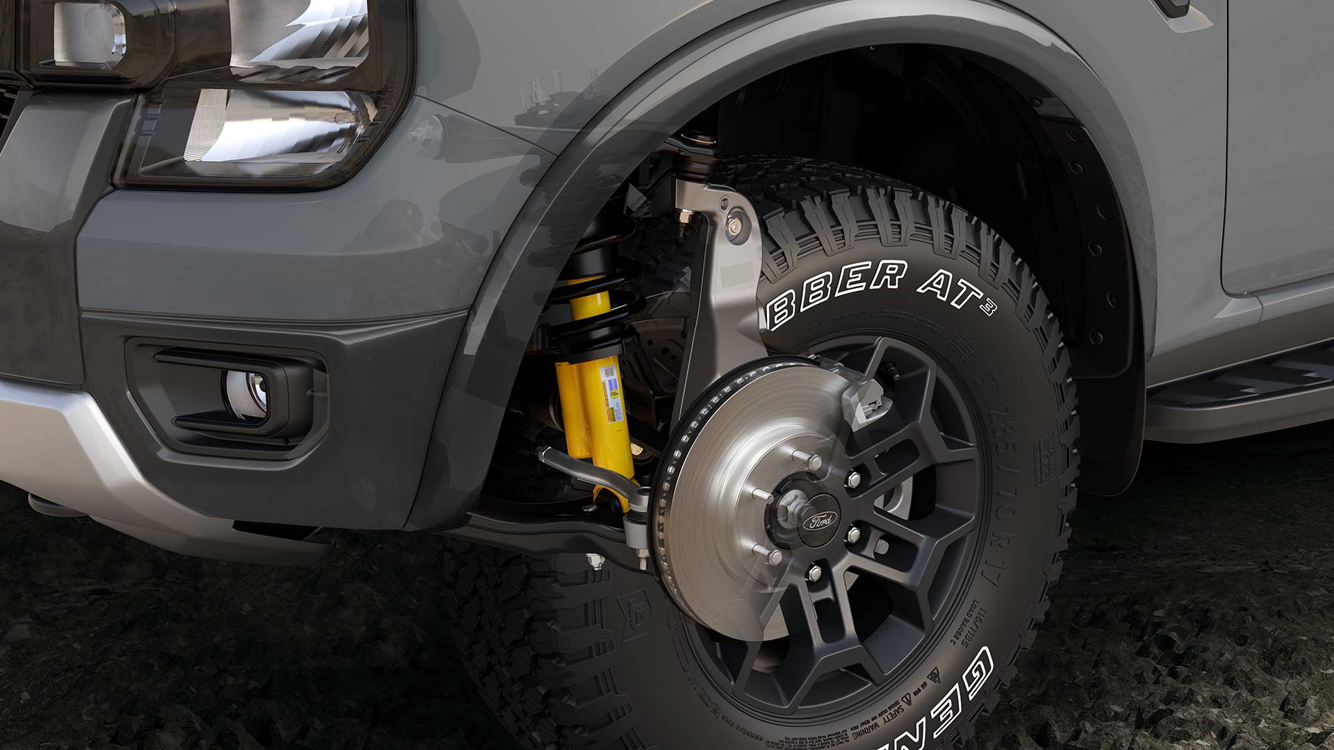 Close-up of a Ford Ranger Double Cab wheel and suspension.