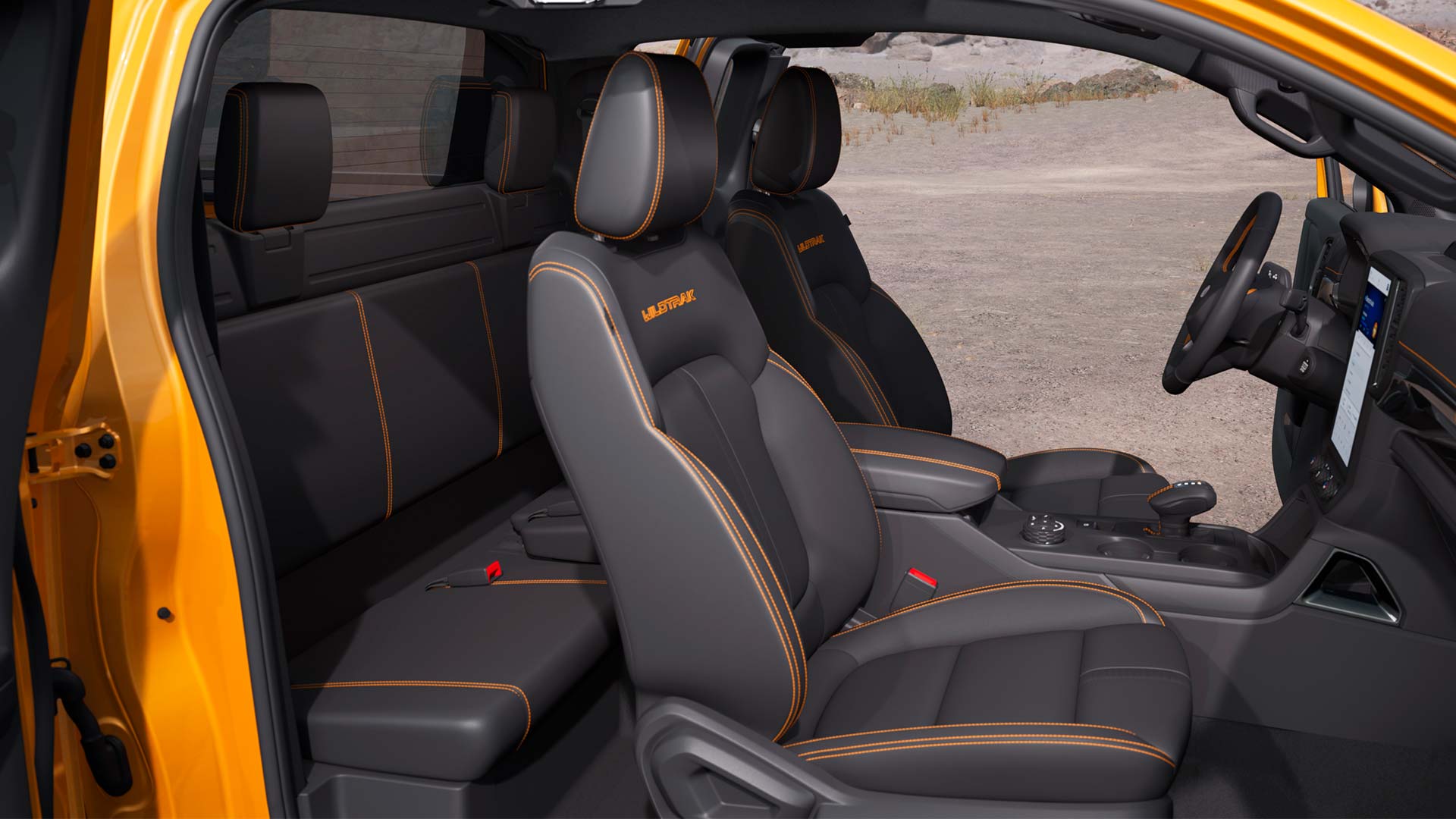 Profile view through the interior of the cabin of a Ford Ranger Wildtrak Super Cab.
