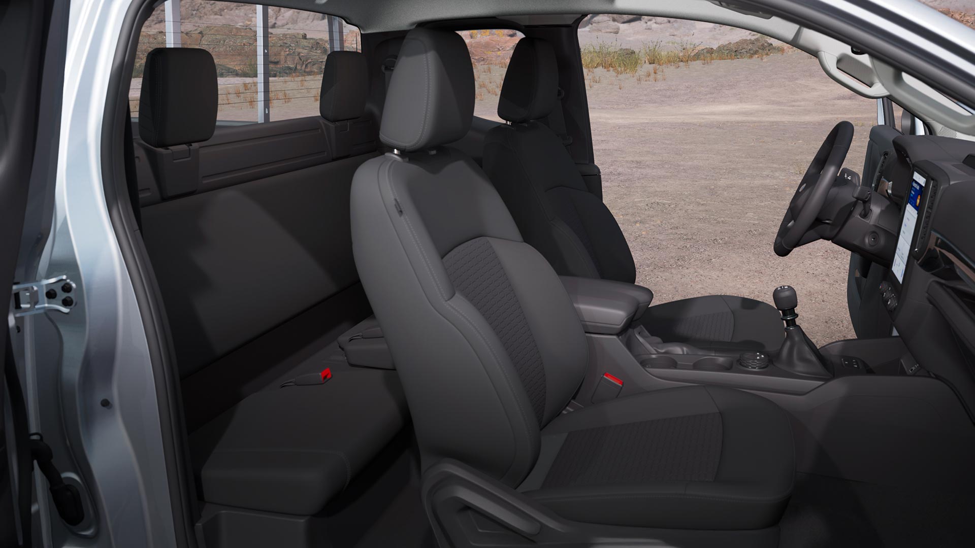 Profile view through the interior of the cabin of a Ford Ranger XLT Super Cab.