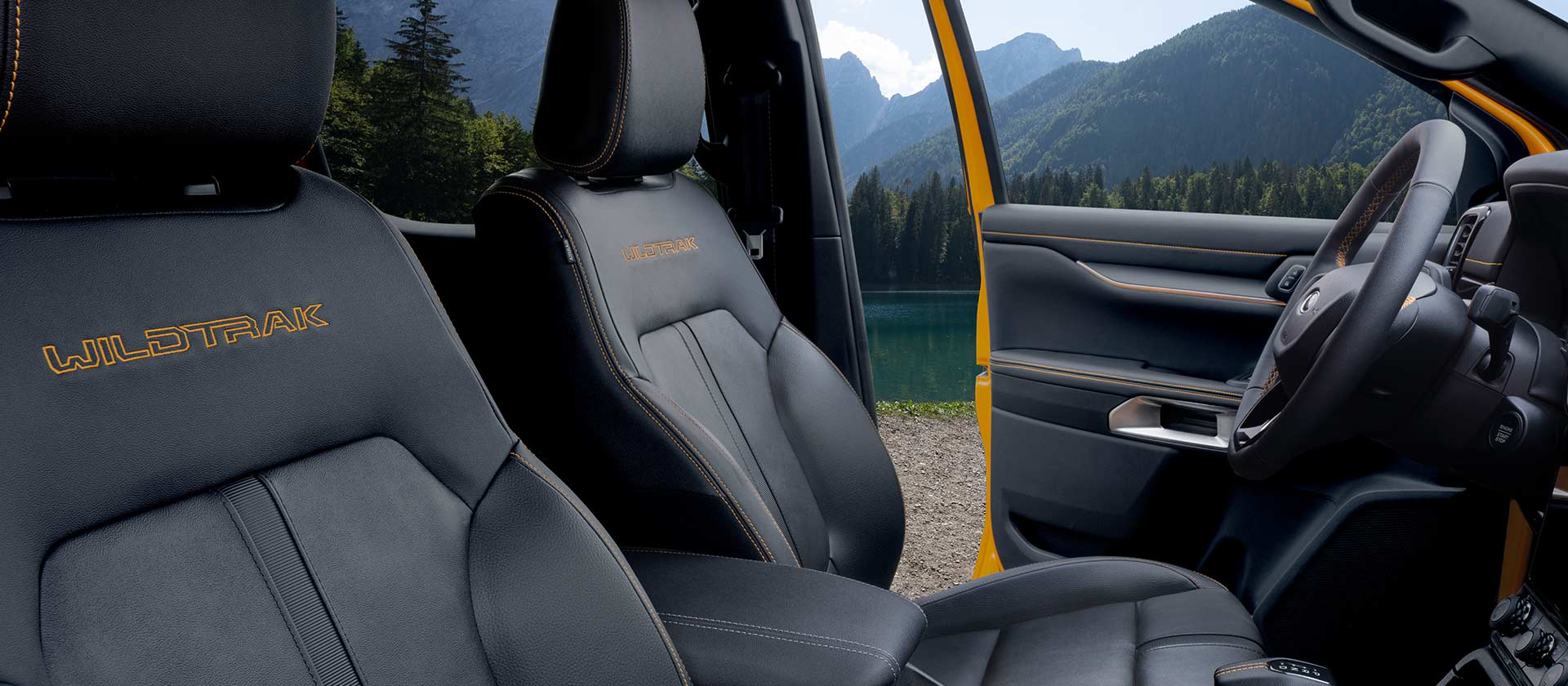 Ford Ranger cabin featuring  steering wheel, digital dashboard, and SYNC™ 4 12-inch central touchscreen.