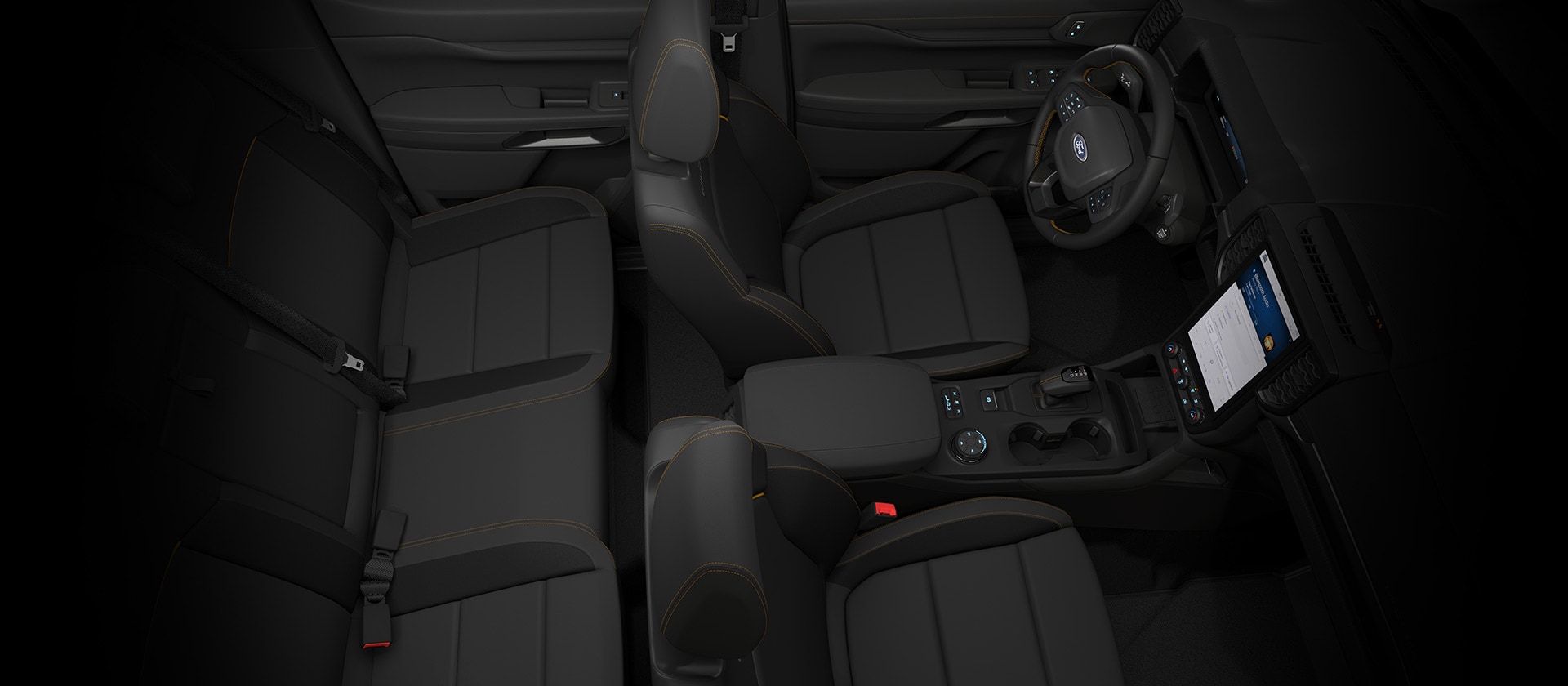 Top down of interior of a Ford Ranger Double Cab, showing the dashboard.