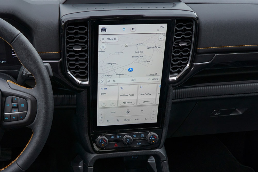 Close-up of the Ford Ranger  SYNC™ 4 12-inch central touchscreen.