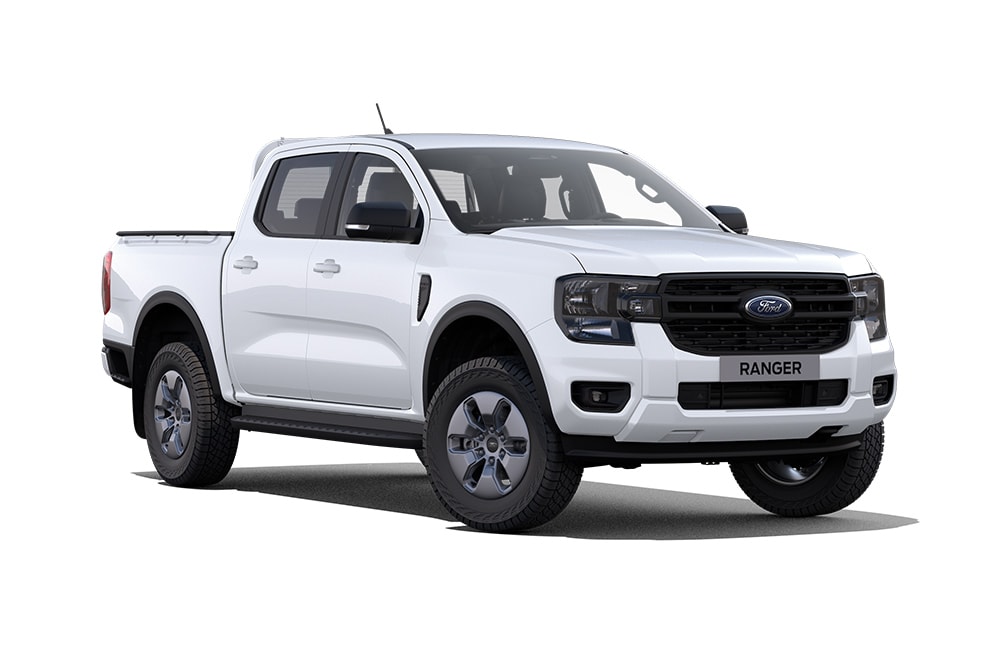 Front three-quarter view of  a white Ford Ranger PHEV XLT on a white background.