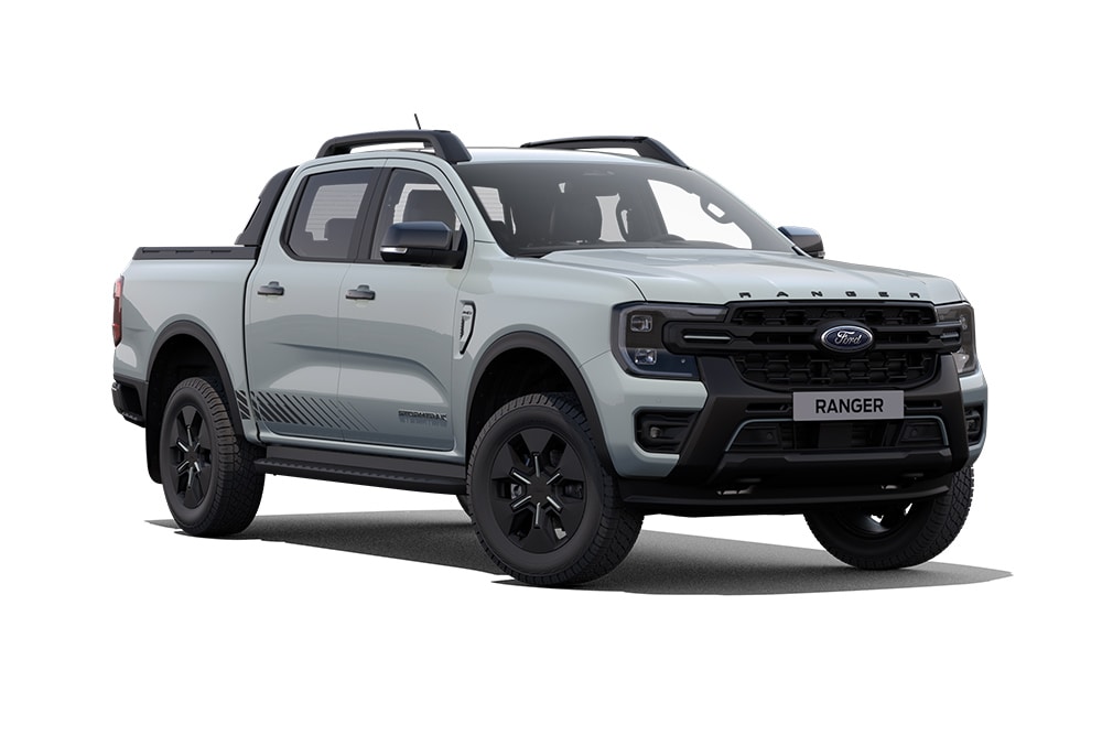 Front three-quarter view of a grey Ford Ranger PHEV Stormtrak on a white background.