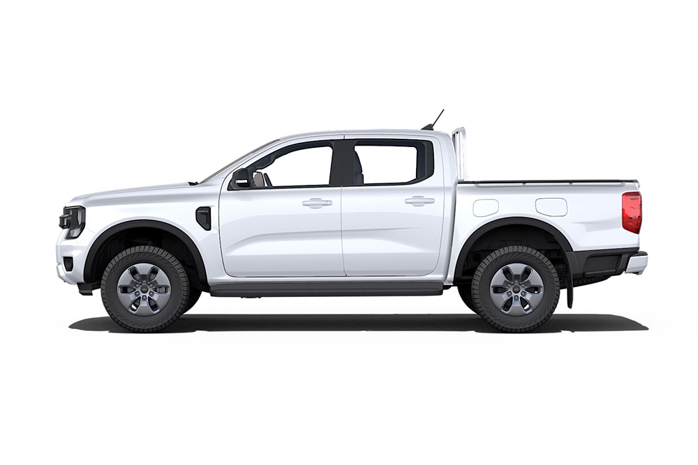 Side view of a white Ford Ranger double cab pick-up truck.
