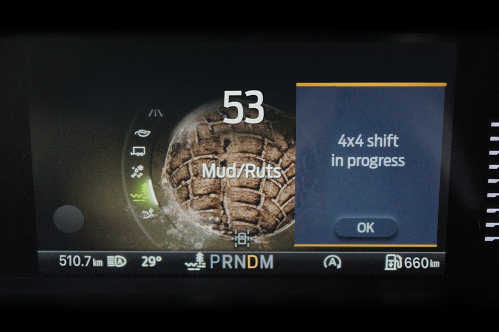 Close-up of the digital dashboard display showing off-road settings and vehicle information in the Ford Ranger.